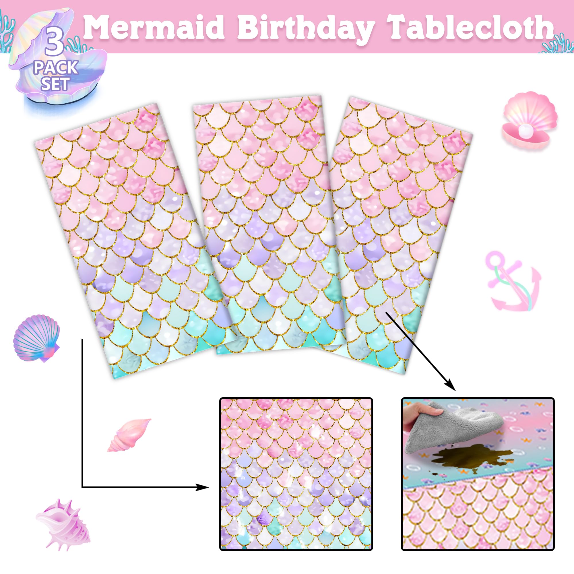 JQSSHXB Mermaid Tablecloths 3 Pack – Disposable, Fish-Scale Ocean Party Covers
