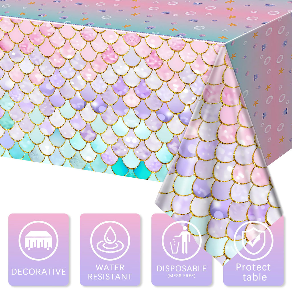 JQSSHXB Mermaid Tablecloths 3 Pack – Disposable, Fish-Scale Ocean Party Covers