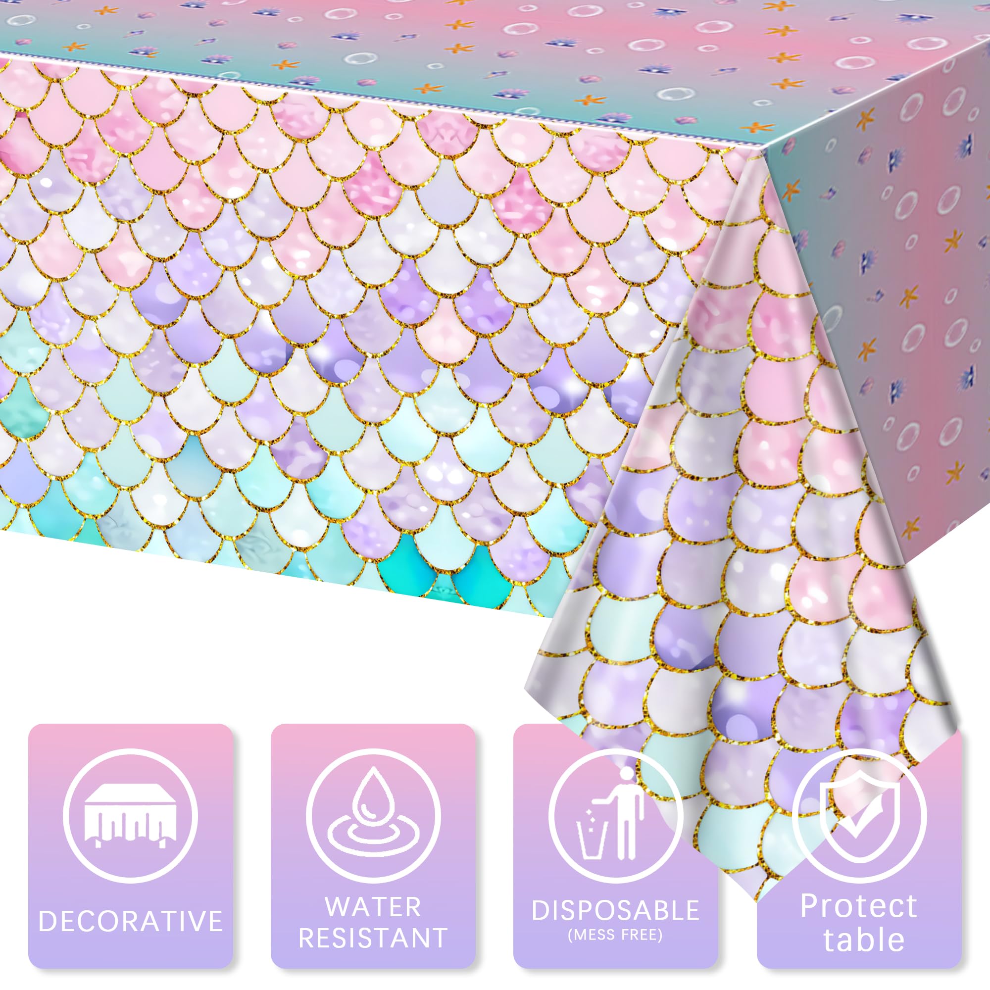 JQSSHXB Mermaid Tablecloths 3 Pack – Disposable, Fish-Scale Ocean Party Covers