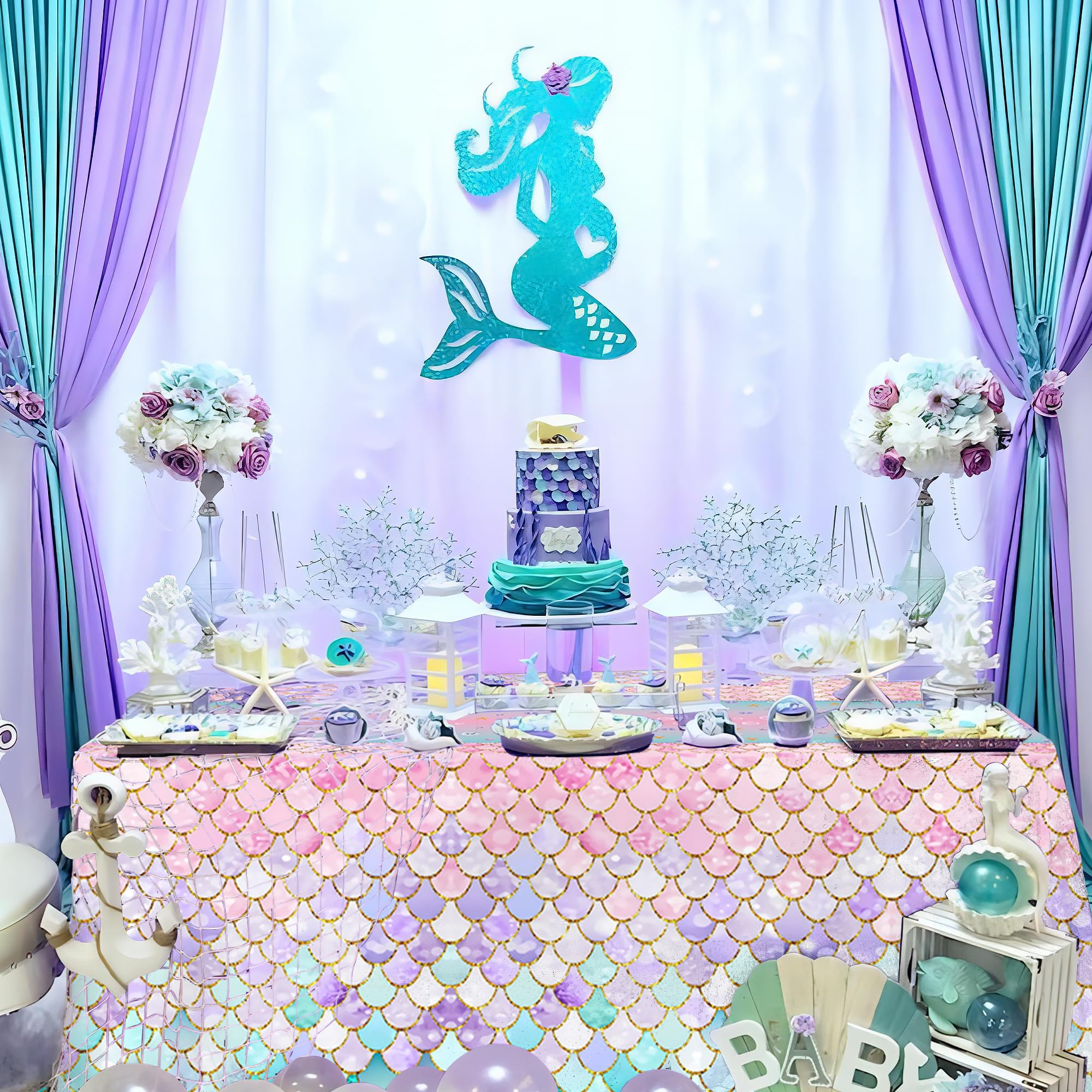 JQSSHXB Mermaid Tablecloths 3 Pack – Disposable, Fish-Scale Ocean Party Covers