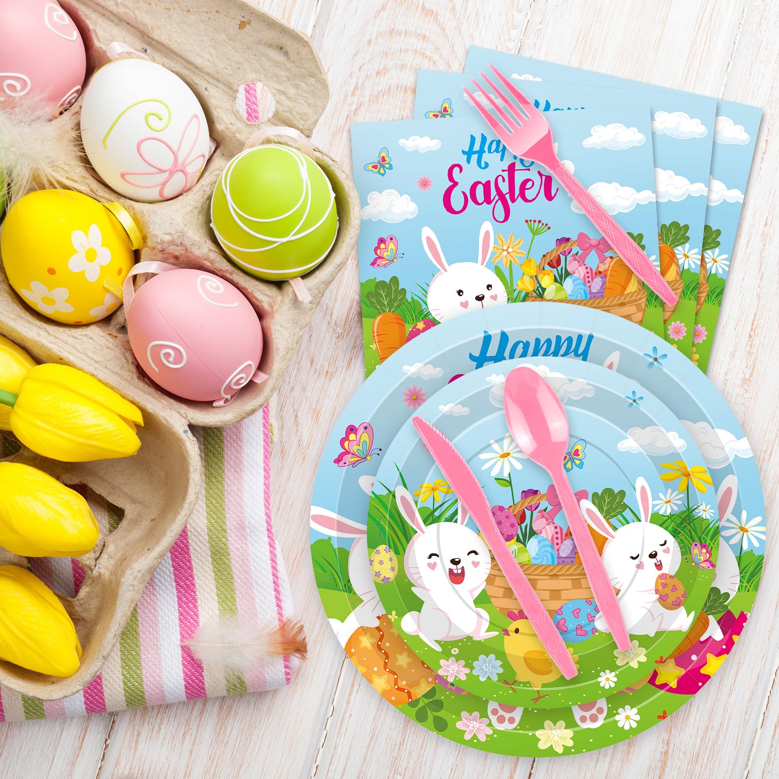 Jremreo 175 Pcs Easter Day Tableware Set – Serves 25 Guests | Plates, Cups & Utensils