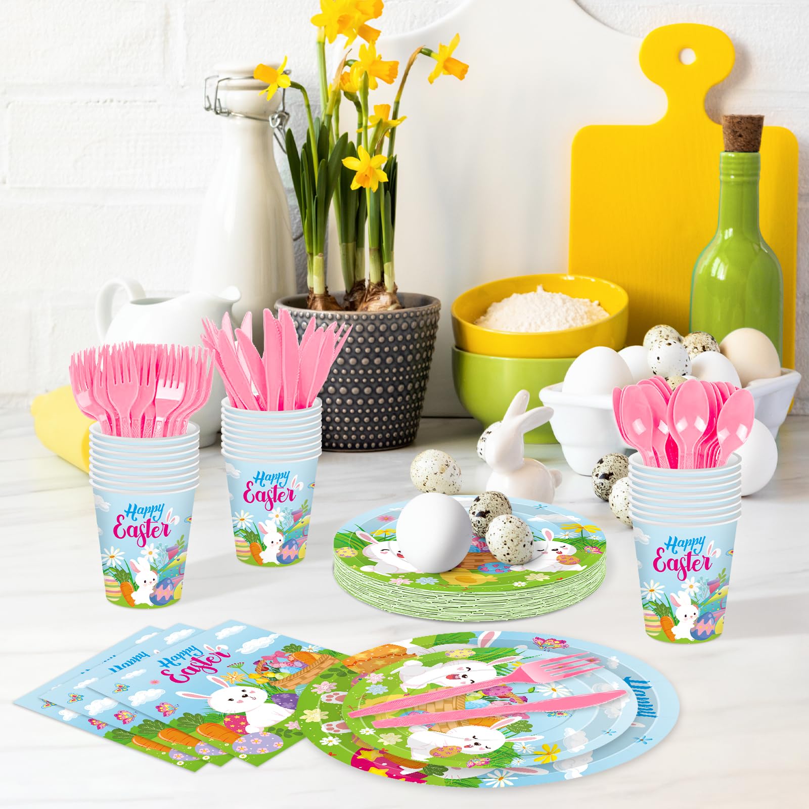 Jremreo 175 Pcs Easter Day Tableware Set – Serves 25 Guests | Plates, Cups & Utensils