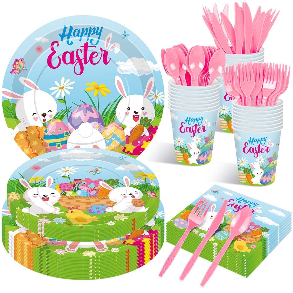 Jremreo 175 Pcs Easter Day Tableware Set – Serves 25 Guests | Plates, Cups & Utensils