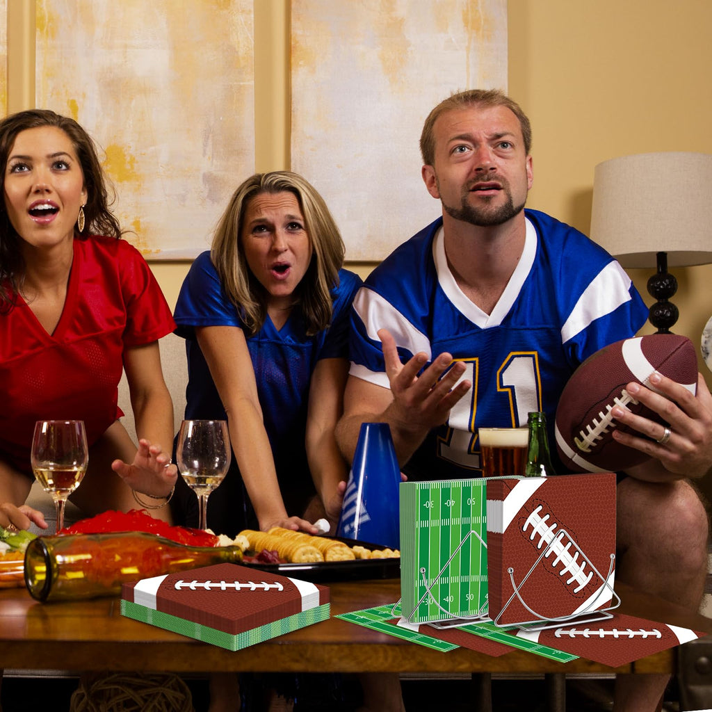 Jremreo Pack of 50 Football Napkins – Brown Football & Green Field Designs, 13x13 Inches