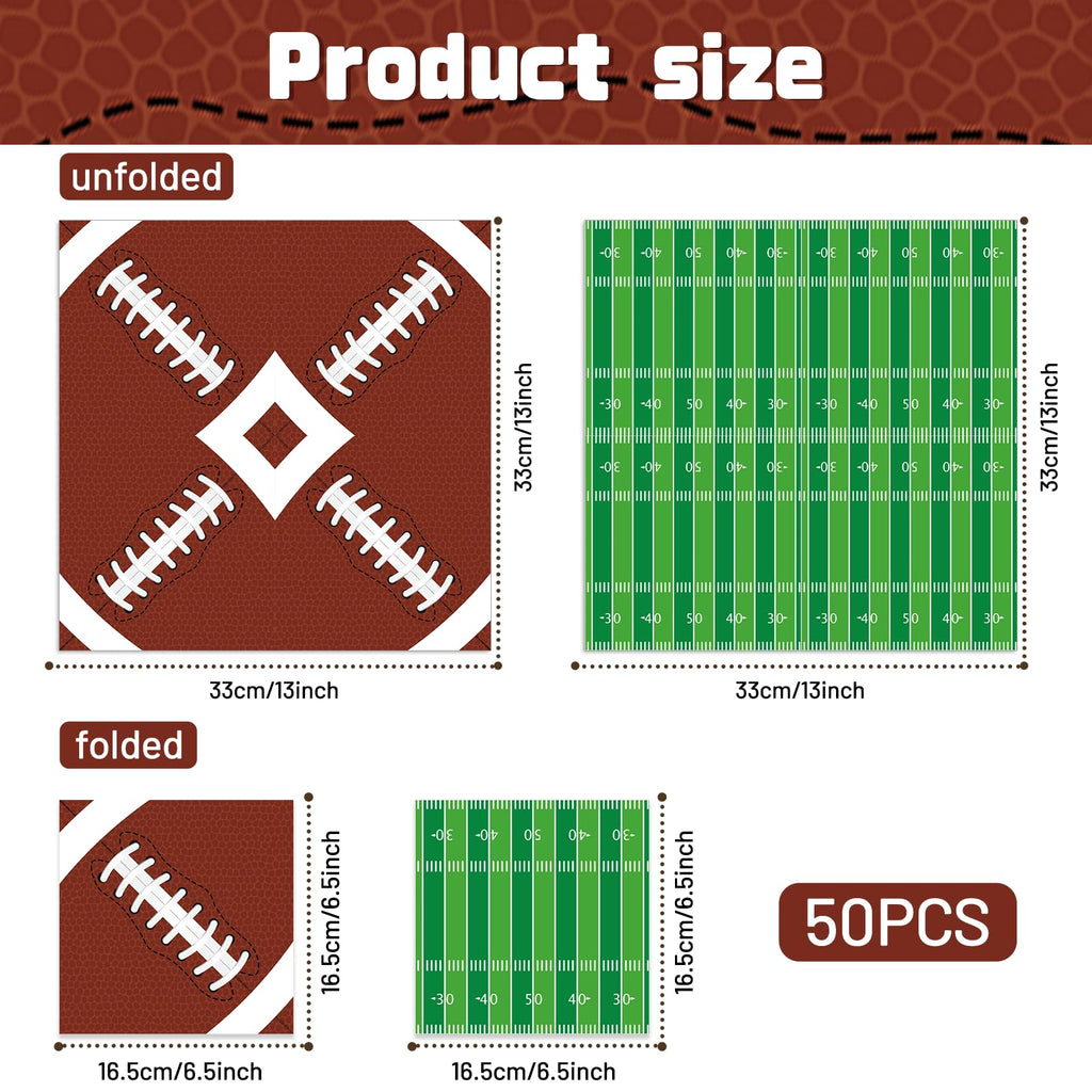 Jremreo Pack of 50 Football Napkins – Brown Football & Green Field Designs, 13x13 Inches