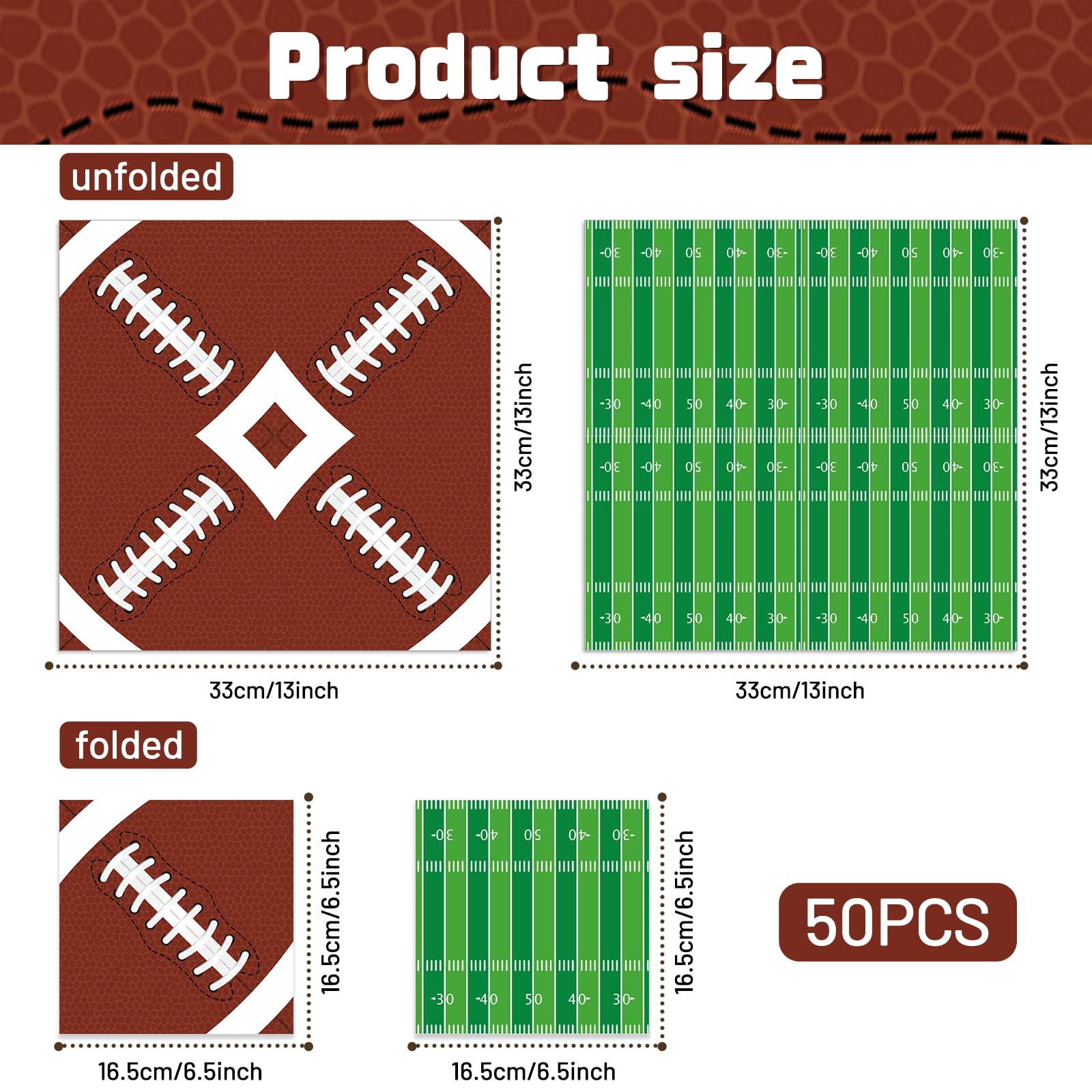 Jremreo Pack of 50 Football Napkins – Brown Football & Green Field Designs, 13x13 Inches