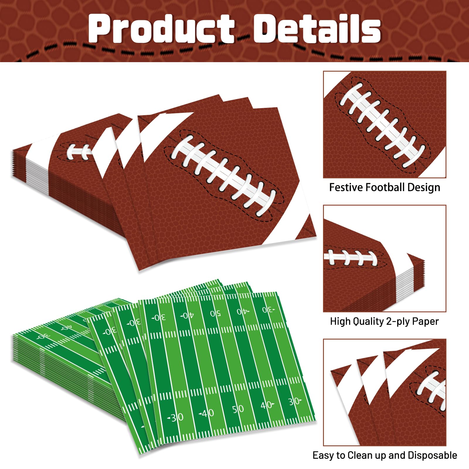Jremreo Pack of 50 Football Napkins – Brown Football & Green Field Designs, 13x13 Inches