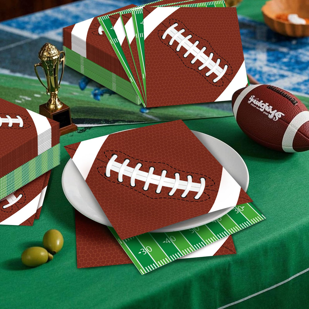 Jremreo Pack of 50 Football Napkins – Brown Football & Green Field Designs, 13x13 Inches