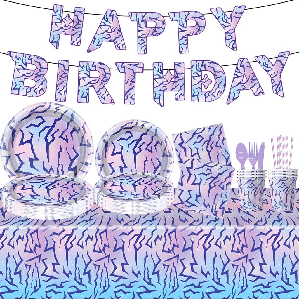 JU XIN 104pcs Purple Demon Birthday Tableware Set – Banner, Plates & Utensils for Hunters Movie Theme