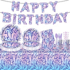 JU XIN 104pcs Purple Demon Birthday Tableware Set – Banner, Plates & Utensils for Hunters Movie Theme