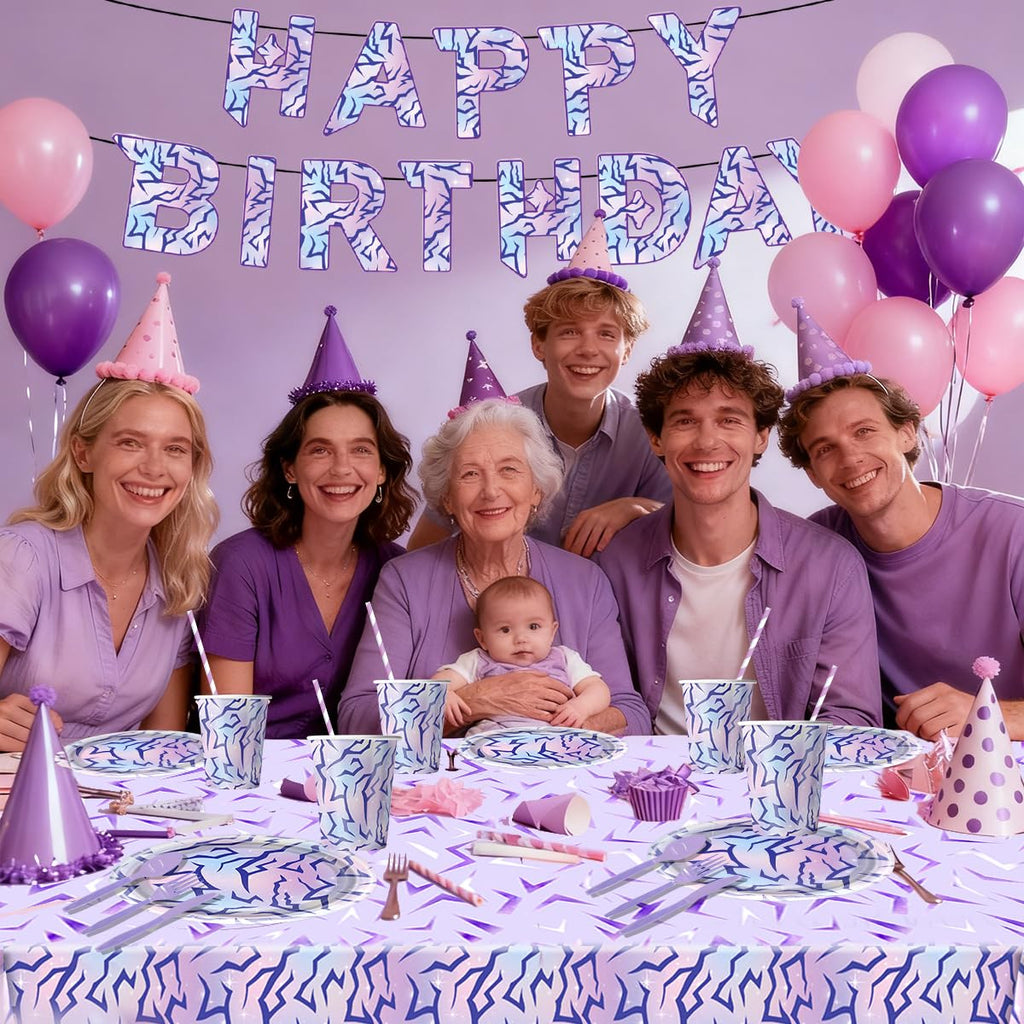 JU XIN 104pcs Purple Demon Birthday Tableware Set – Banner, Plates & Utensils for Hunters Movie Theme