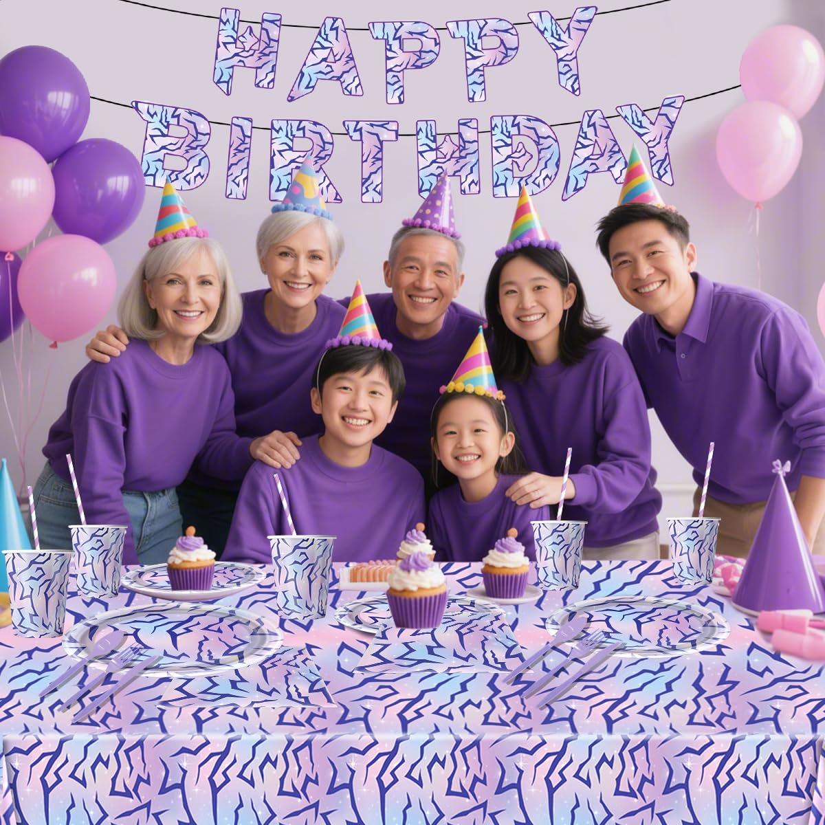 JU XIN 104pcs Purple Demon Birthday Tableware Set – Banner, Plates & Utensils for Hunters Movie Theme
