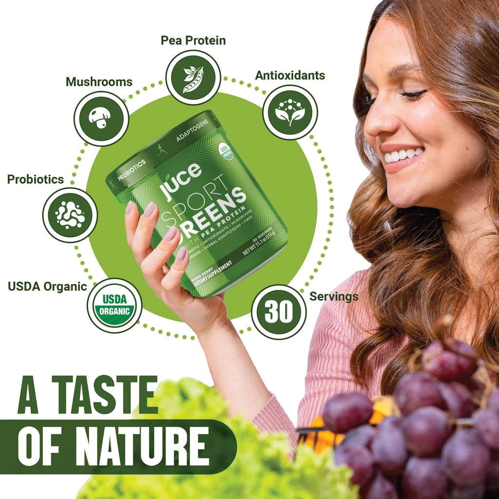 Juce SG7 Sport Greens Powder Supplement | Organic Plant Based Protein | Green Juice Powder | Probiotics | Mushrooms | Mixed Berry Flavor | 30 Servings | By Terra Kai Organics
