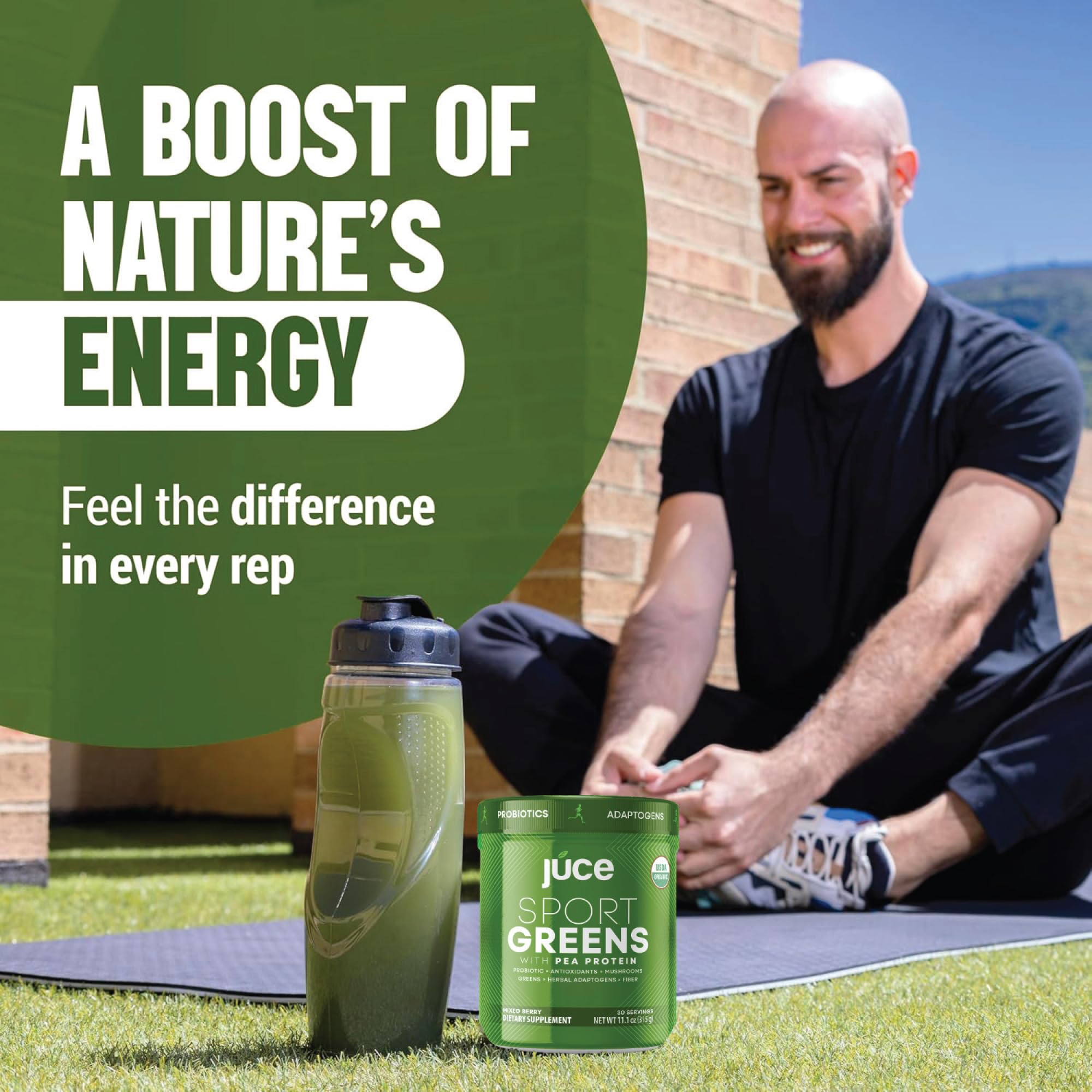 Juce SG7 Sport Greens Powder Supplement | Organic Plant Based Protein | Green Juice Powder | Probiotics | Mushrooms | Mixed Berry Flavor | 30 Servings | By Terra Kai Organics