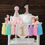 JUIIZAY Baby First Birthday Decorations — Macaron High Chair Banner, Daisy Crown & Cake Topper