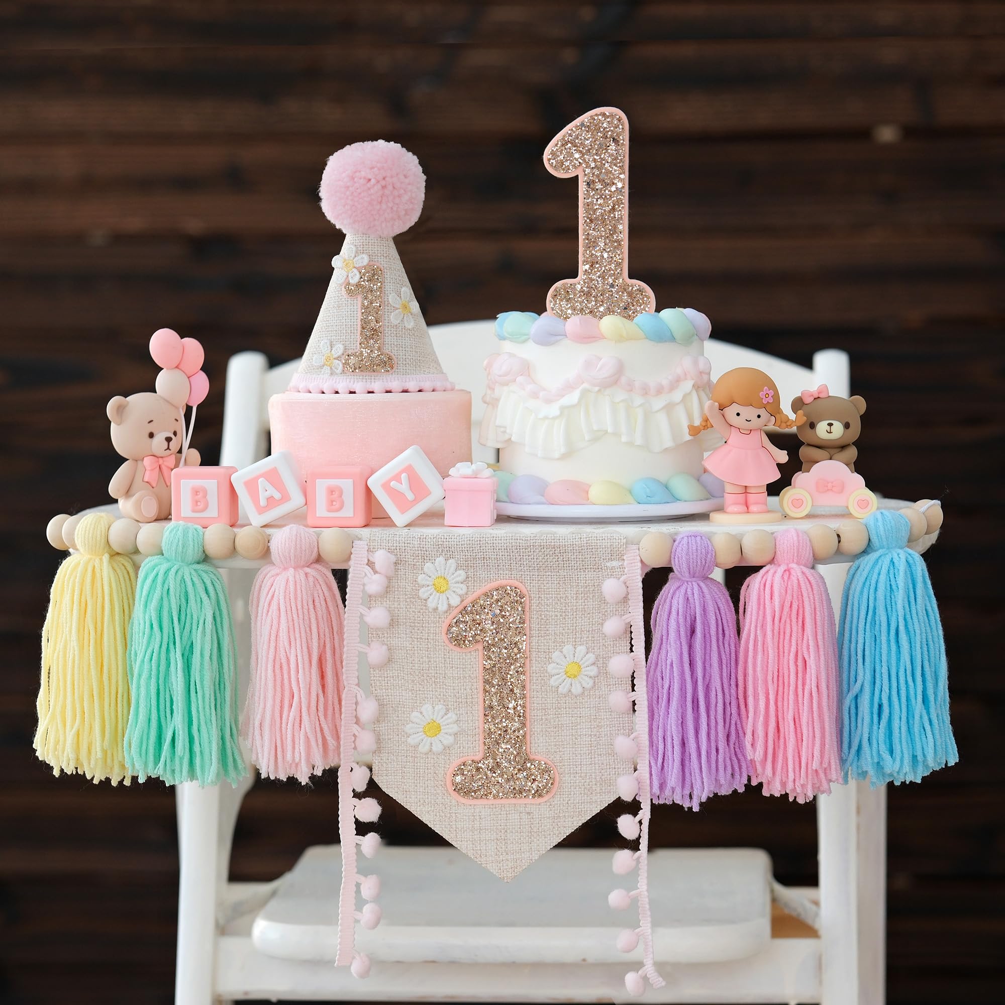 JUIIZAY Baby First Birthday Decorations — Macaron High Chair Banner, Daisy Crown & Cake Topper