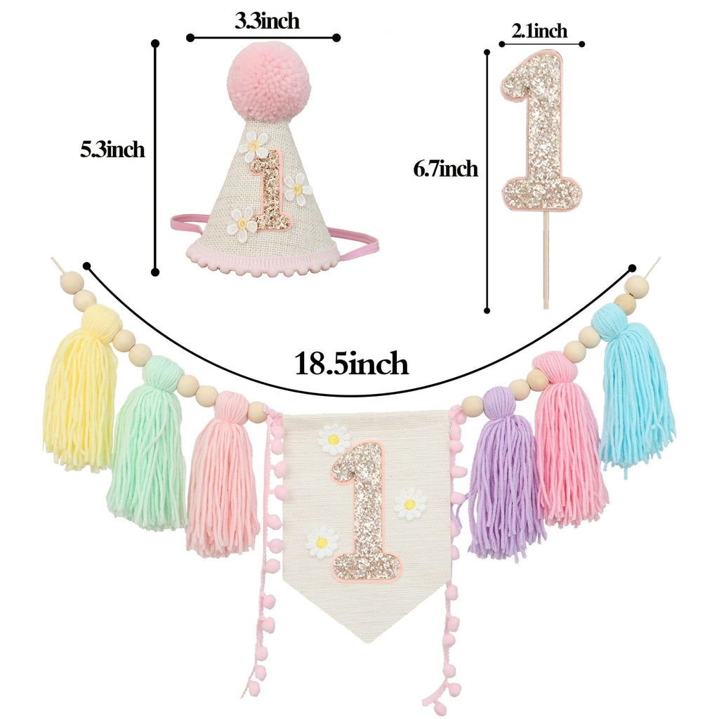 JUIIZAY Baby First Birthday Decorations — Macaron High Chair Banner, Daisy Crown & Cake Topper