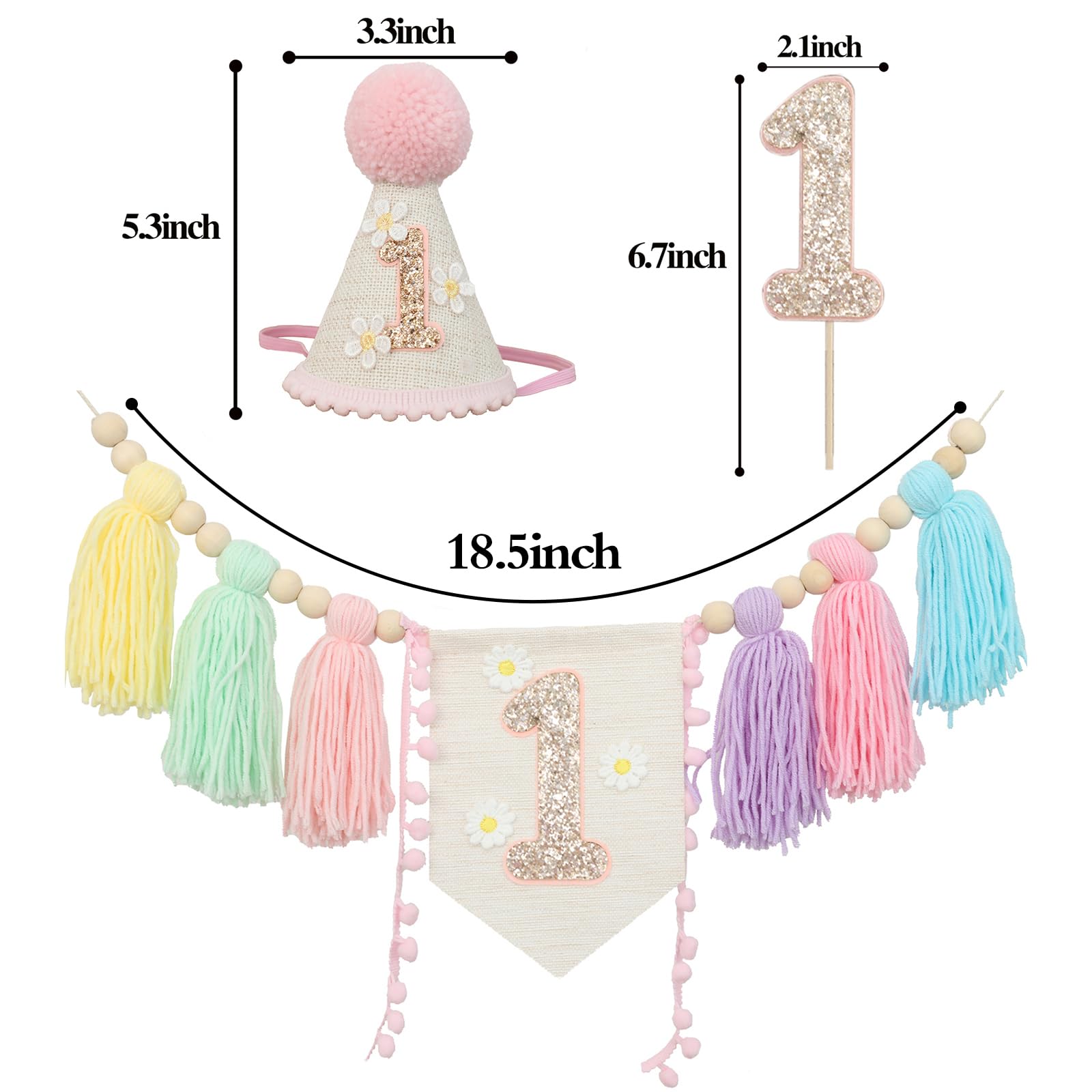 JUIIZAY Baby First Birthday Decorations — Macaron High Chair Banner, Daisy Crown & Cake Topper