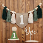 JUIIZAY First Birthday Banner Set – Green High Chair Banner, Crown Cake Topper, 1st Birthday Decor