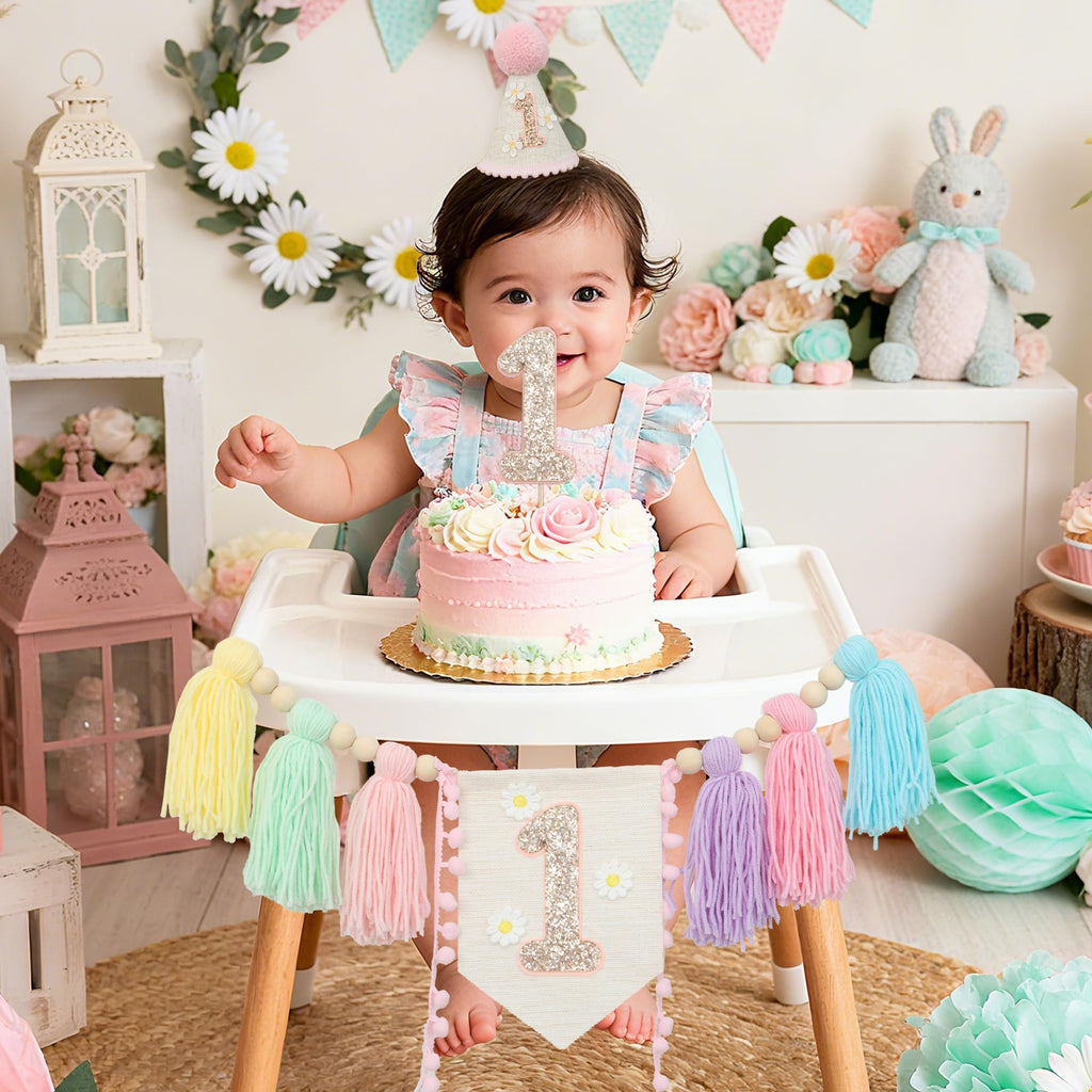 JUIIZAY Baby First Birthday Decorations — Macaron High Chair Banner, Daisy Crown & Cake Topper