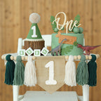 JUIIZAY First Birthday Banner Set – Green High Chair Banner, Crown Cake Topper, 1st Birthday Decor