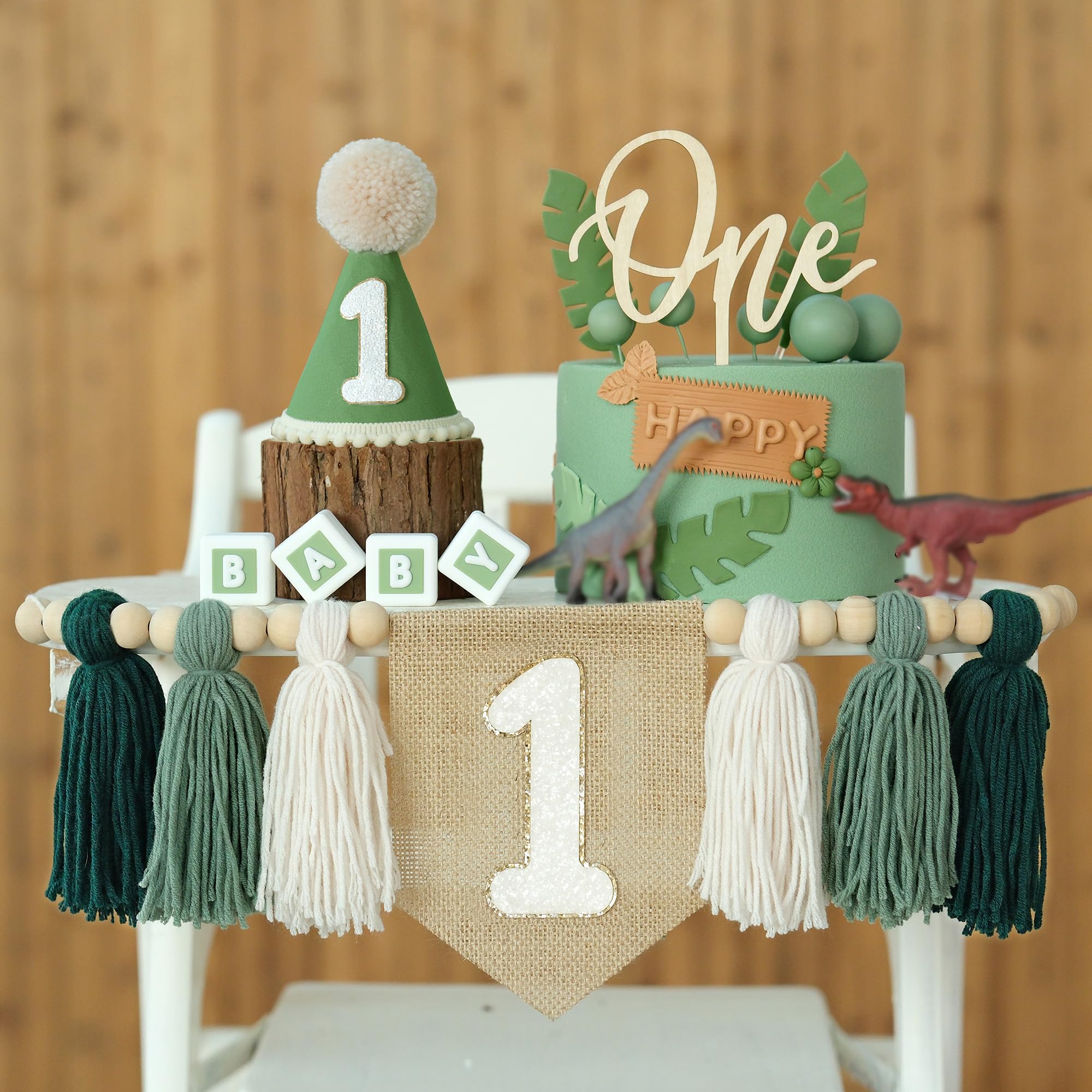 JUIIZAY First Birthday Banner Set – Green High Chair Banner, Crown Cake Topper, 1st Birthday Decor