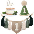 JUIIZAY First Birthday Banner Set – Green High Chair Banner, Crown Cake Topper, 1st Birthday Decor
