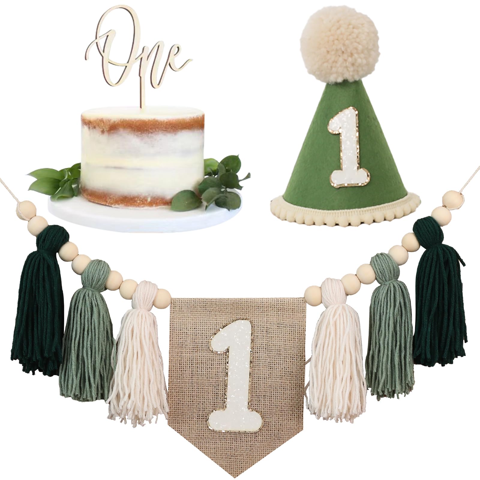 JUIIZAY First Birthday Banner Set – Green High Chair Banner, Crown Cake Topper, 1st Birthday Decor