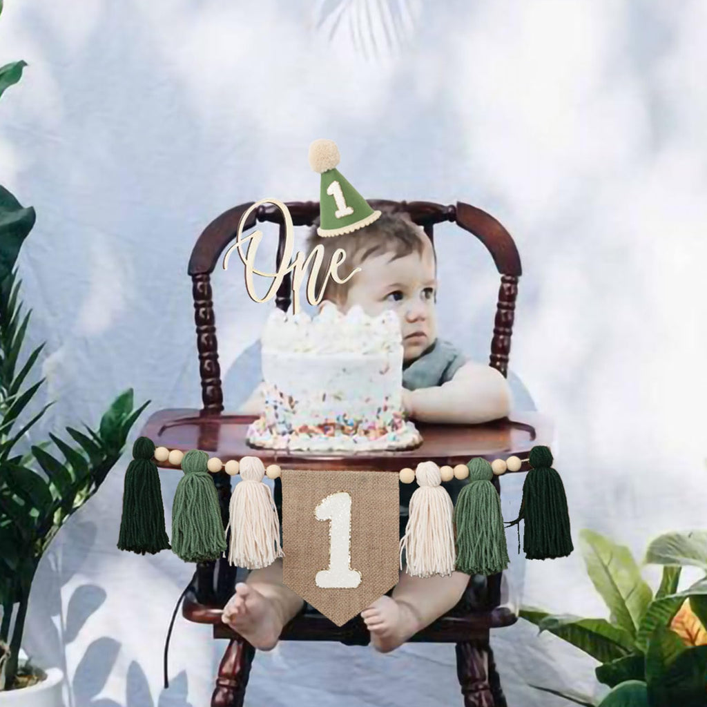 JUIIZAY First Birthday Banner Set – Green High Chair Banner, Crown Cake Topper, 1st Birthday Decor