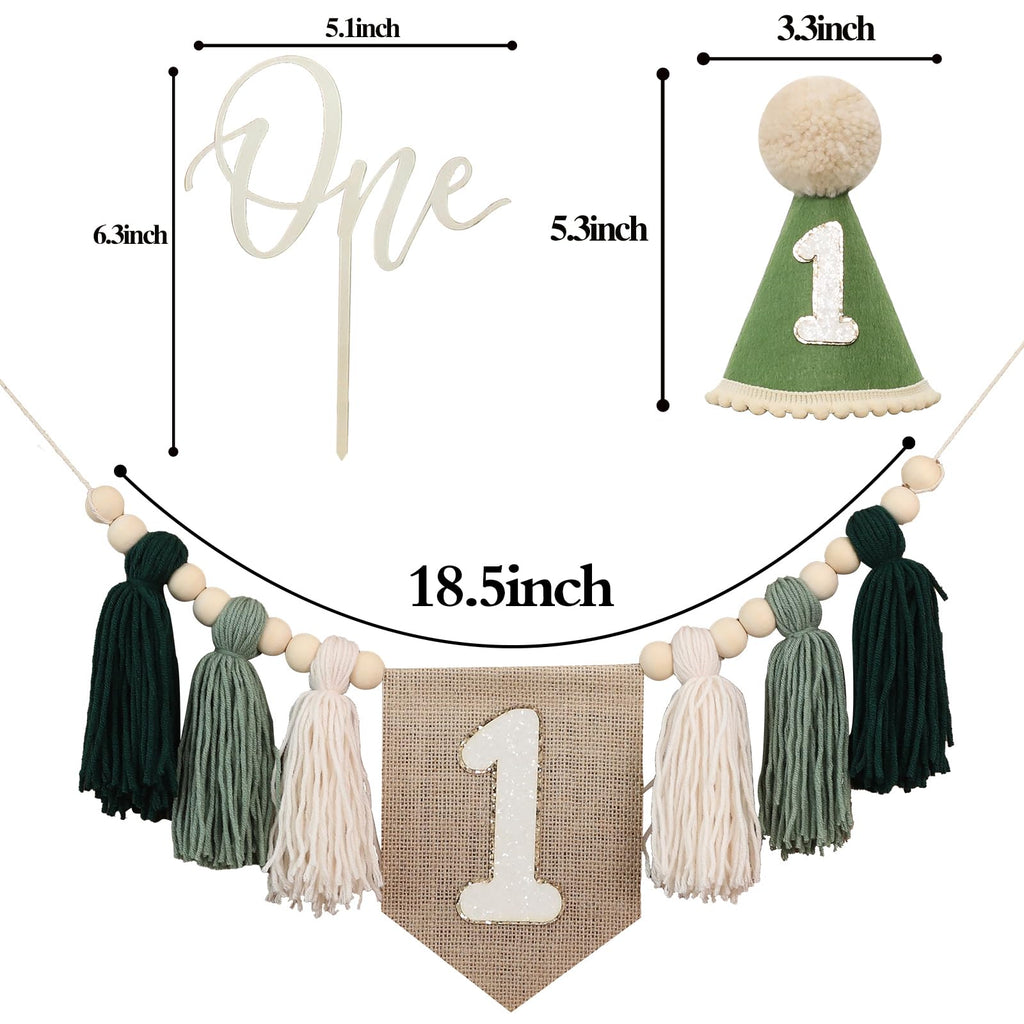 JUIIZAY First Birthday Banner Set – Green High Chair Banner, Crown Cake Topper, 1st Birthday Decor