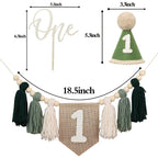 JUIIZAY First Birthday Banner Set – Green High Chair Banner, Crown Cake Topper, 1st Birthday Decor