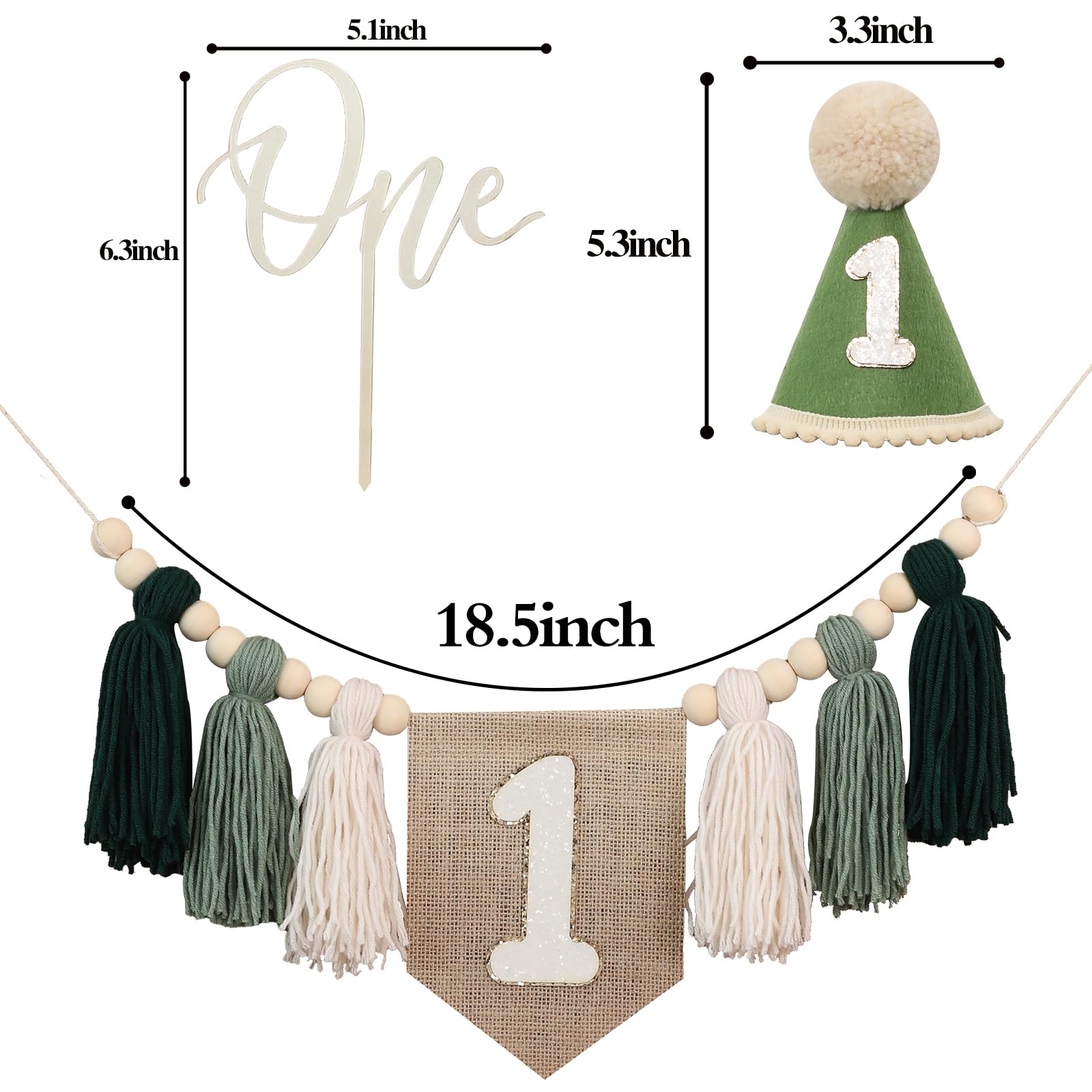 JUIIZAY First Birthday Banner Set – Green High Chair Banner, Crown Cake Topper, 1st Birthday Decor