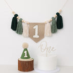 JUIIZAY First Birthday Banner Set – Green High Chair Banner, Crown Cake Topper, 1st Birthday Decor