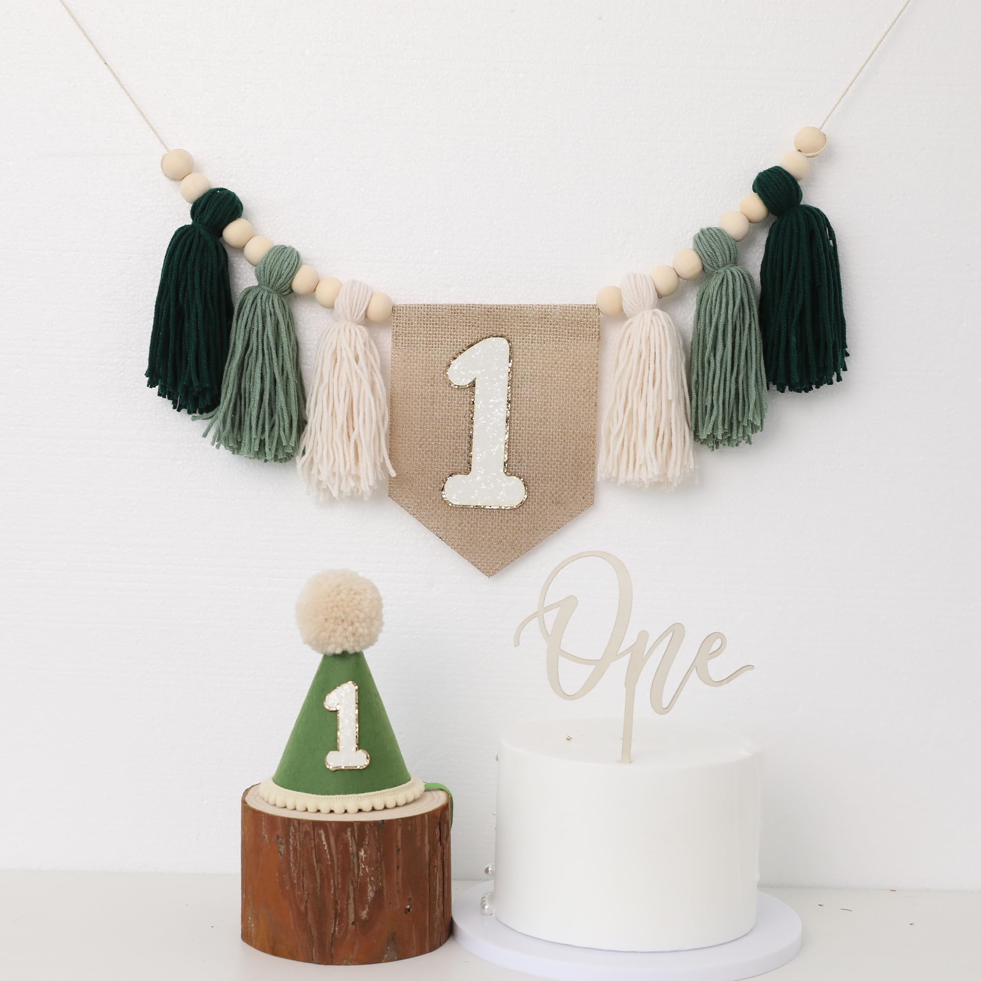 JUIIZAY First Birthday Banner Set – Green High Chair Banner, Crown Cake Topper, 1st Birthday Decor