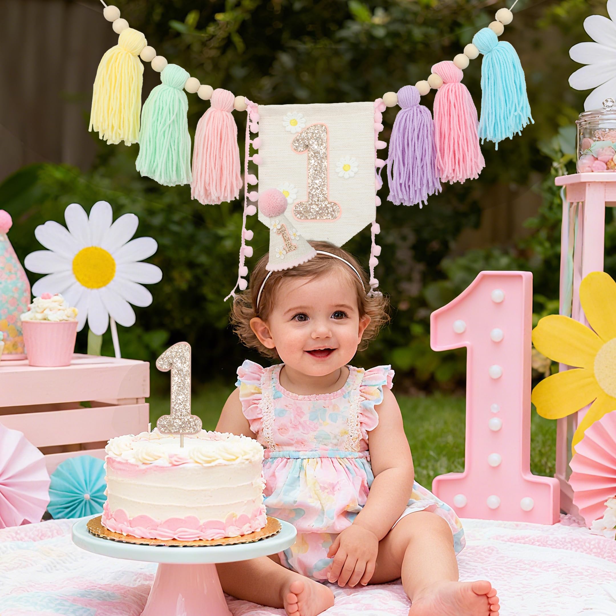 JUIIZAY Baby First Birthday Decorations — Macaron High Chair Banner, Daisy Crown & Cake Topper