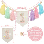 JUIIZAY Baby First Birthday Decorations — Macaron High Chair Banner, Daisy Crown & Cake Topper