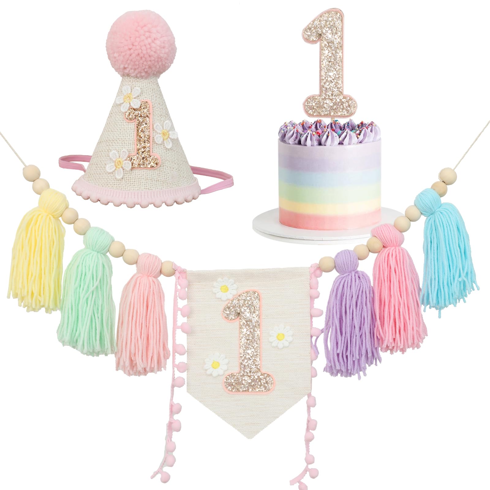 JUIIZAY Baby First Birthday Decorations — Macaron High Chair Banner, Daisy Crown & Cake Topper