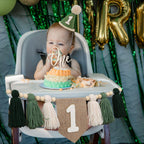 JUIIZAY First Birthday Banner Set – Green High Chair Banner, Crown Cake Topper, 1st Birthday Decor
