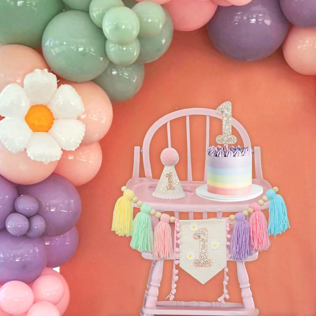 JUIIZAY Baby First Birthday Decorations — Macaron High Chair Banner, Daisy Crown & Cake Topper