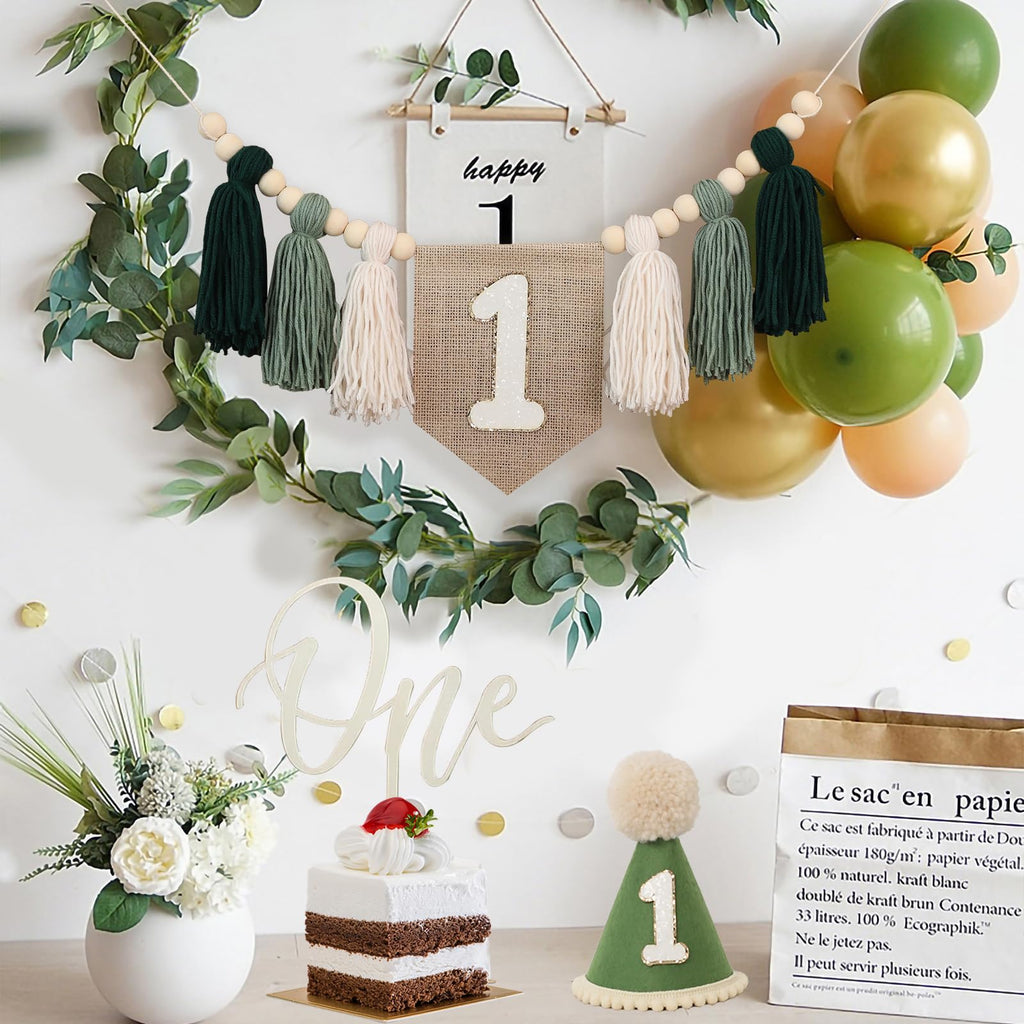 JUIIZAY First Birthday Banner Set – Green High Chair Banner, Crown Cake Topper, 1st Birthday Decor