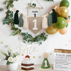 JUIIZAY First Birthday Banner Set – Green High Chair Banner, Crown Cake Topper, 1st Birthday Decor