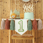 JUIIZAY Wild One 1st Highchair Banner – Bead Tassel Garland & Lion Crown Hat