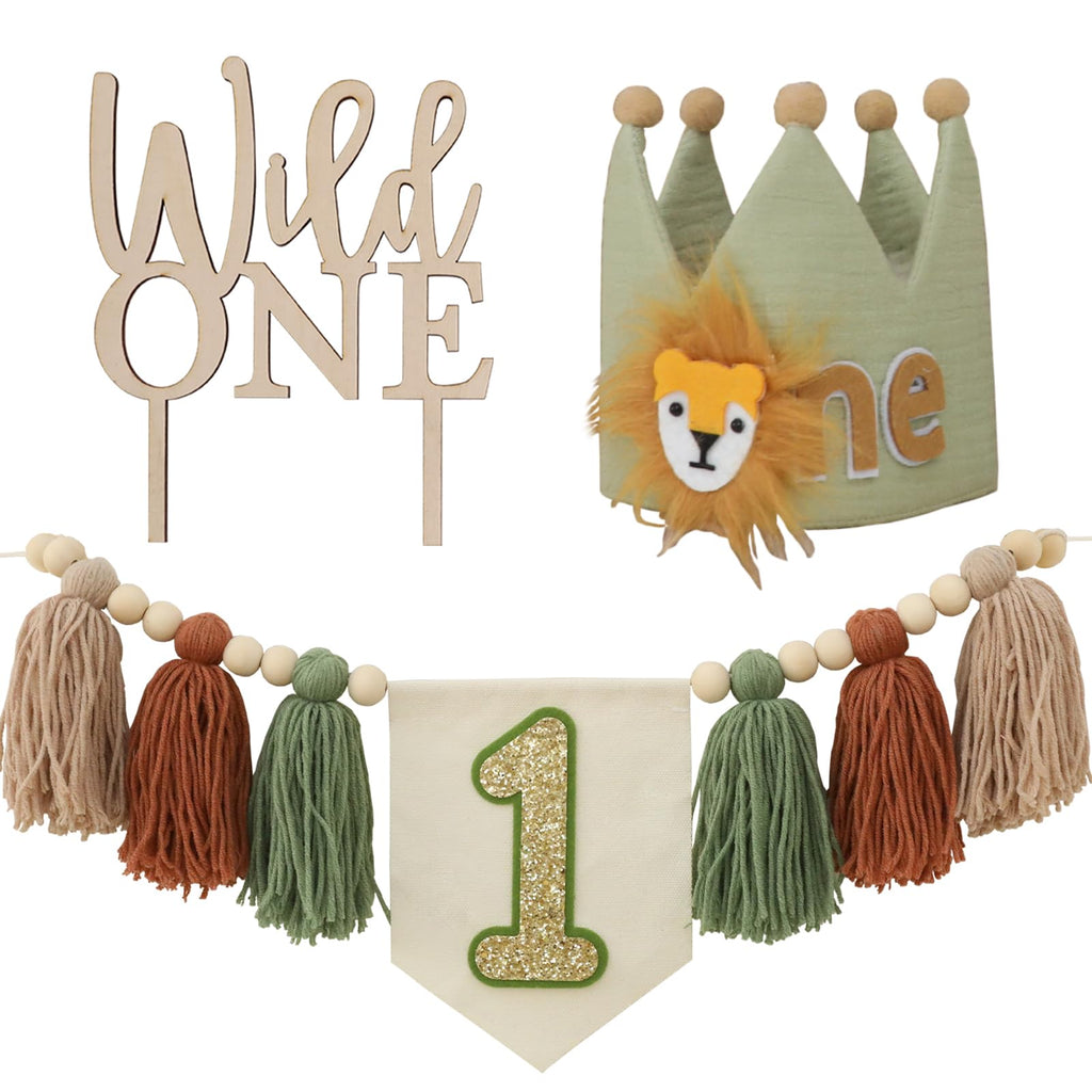 JUIIZAY Wild One 1st Highchair Banner – Bead Tassel Garland & Lion Crown Hat