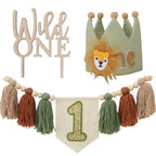 JUIIZAY Wild One 1st Highchair Banner – Bead Tassel Garland & Lion Crown Hat