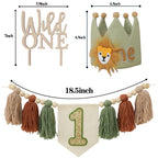 JUIIZAY Wild One 1st Highchair Banner – Bead Tassel Garland & Lion Crown Hat