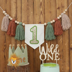 JUIIZAY Wild One 1st Highchair Banner – Bead Tassel Garland & Lion Crown Hat