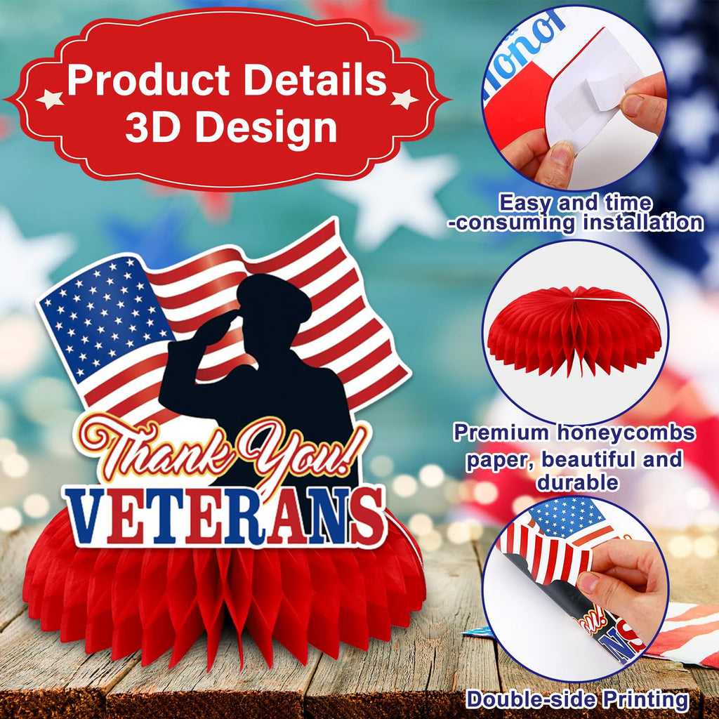 JULMELON 8-Piece Veterans Day Table Decorations | Honeycomb Centerpieces | 3D Double-Sided