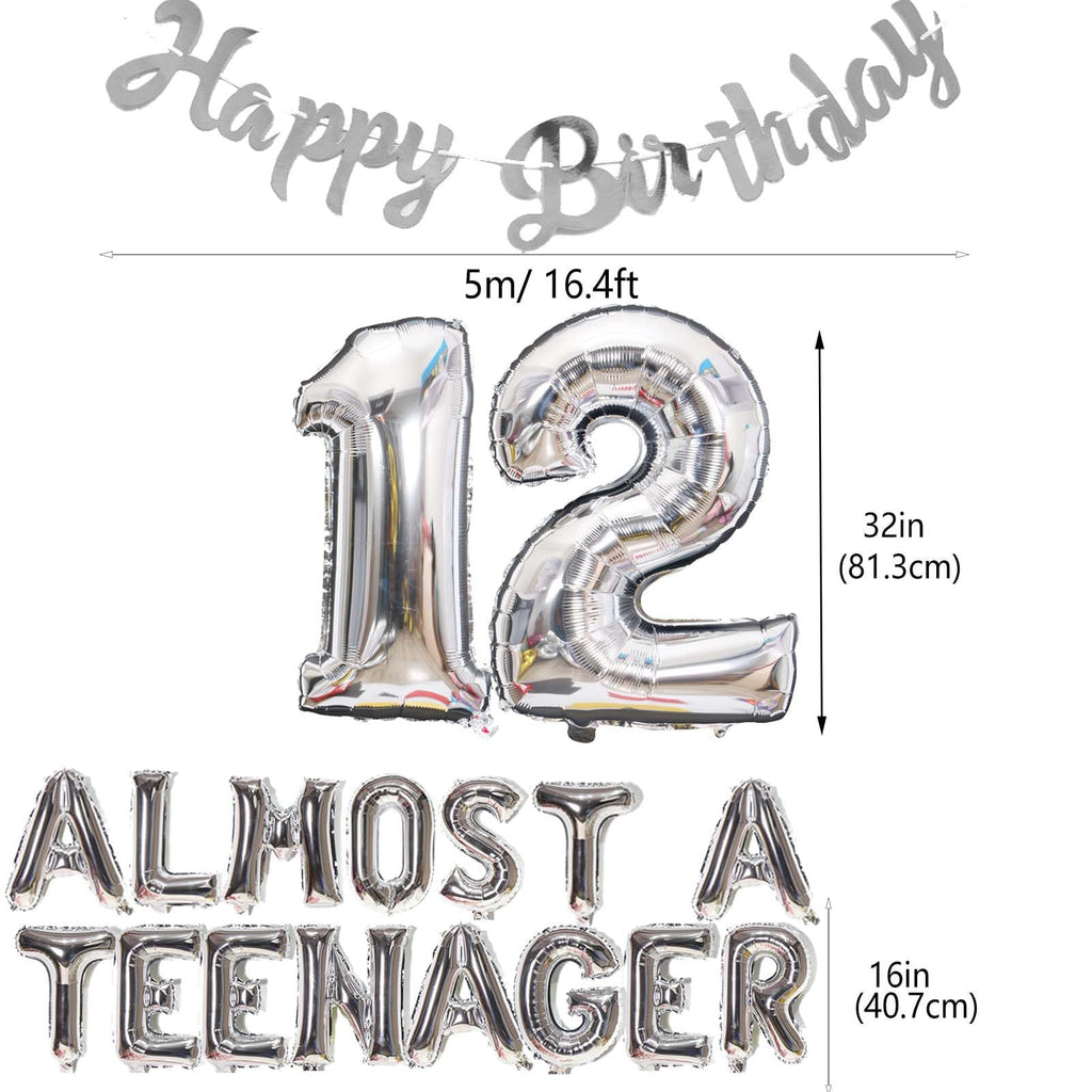 JumDaQQ 12th Birthday Decorations for Boys — Silver Banner & 12 Balloons