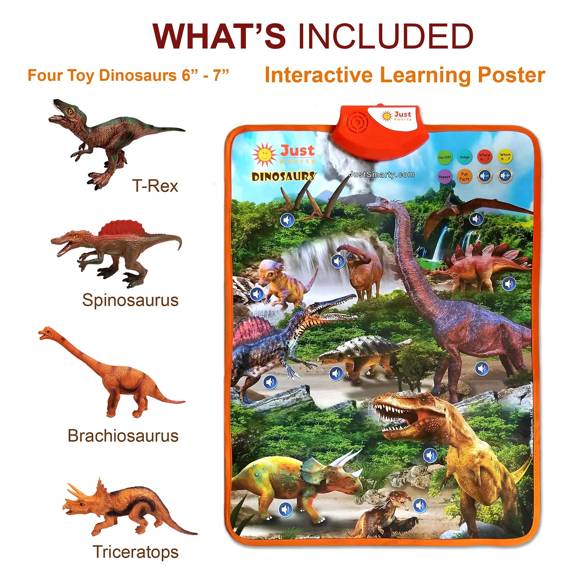 Just Smarty Interactive Dinosaur Learning Poster – Engaging Dinosaur Toys for Kids 3-5 | Includes 4 Figures and Sounds | Party Favors
