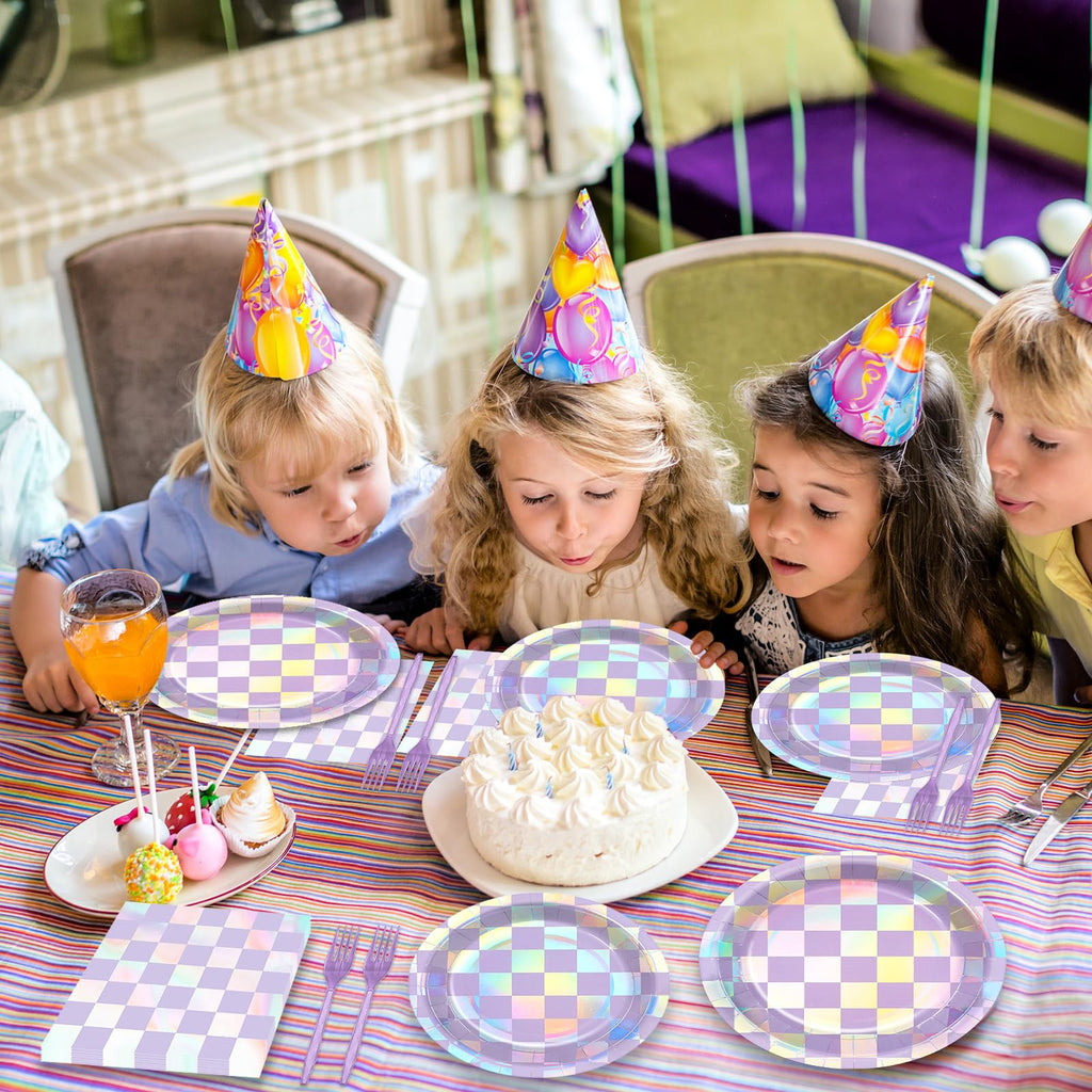 Justforjoyful 96Pcs Iridescent Purple Checkered Party Tableware Set for 24 – Plates, Napkins & Forks